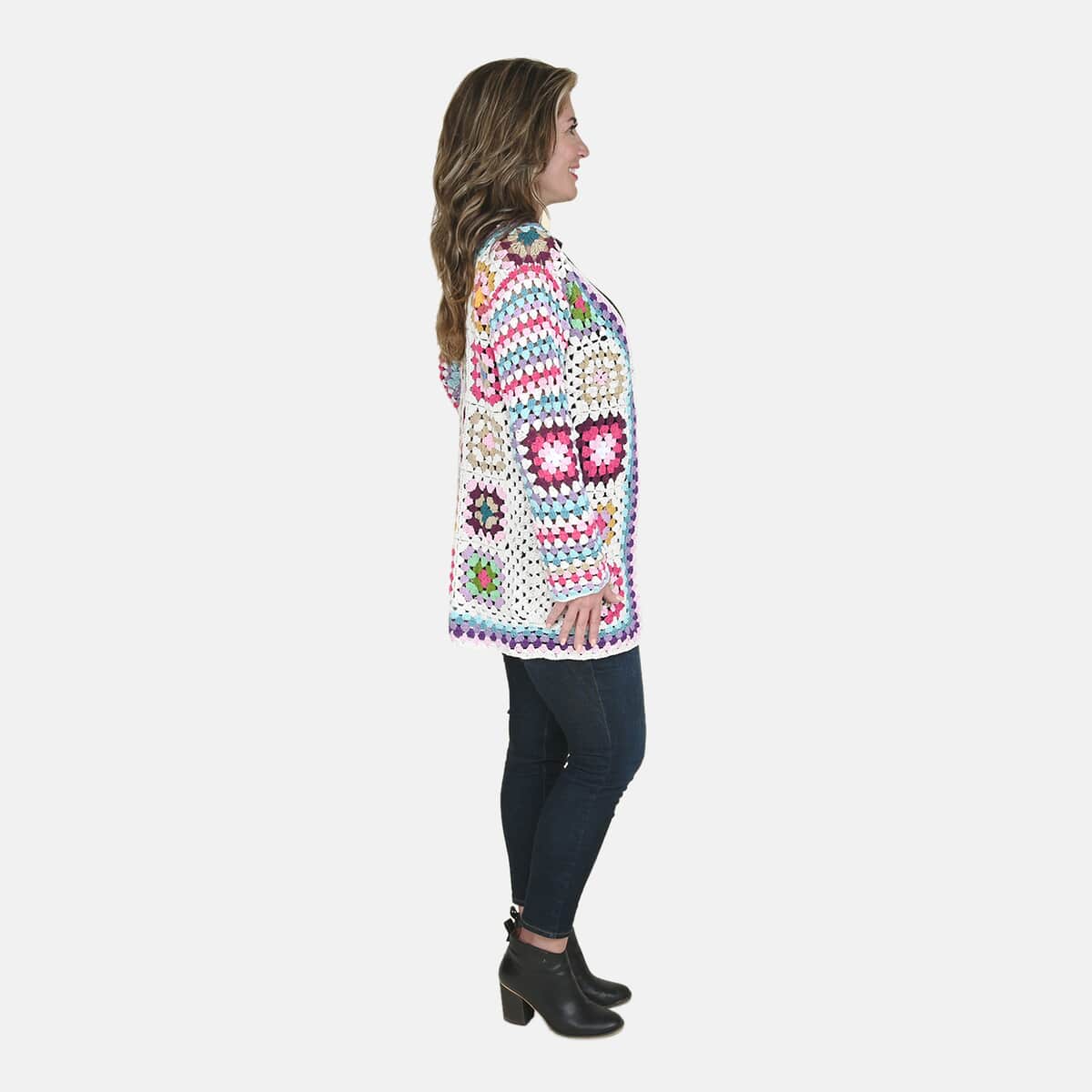 PASSAGE 100% Cotton Crochet White and Multi Color Square Cardigan for Women, Bohemian Sweater, Open Front- (S) image number 2