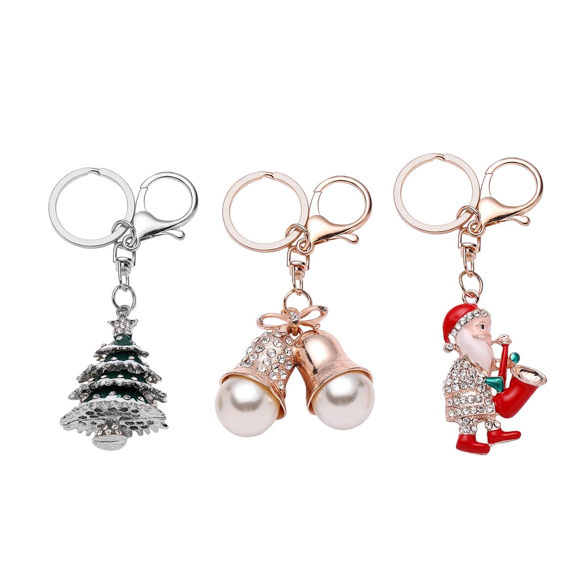 Value Buy Set of 3 Multi Color Austrian Crystal, Enameled Jingle Bell, Christmas Tree & Santa Claus Keychain in Dualtone image number 0