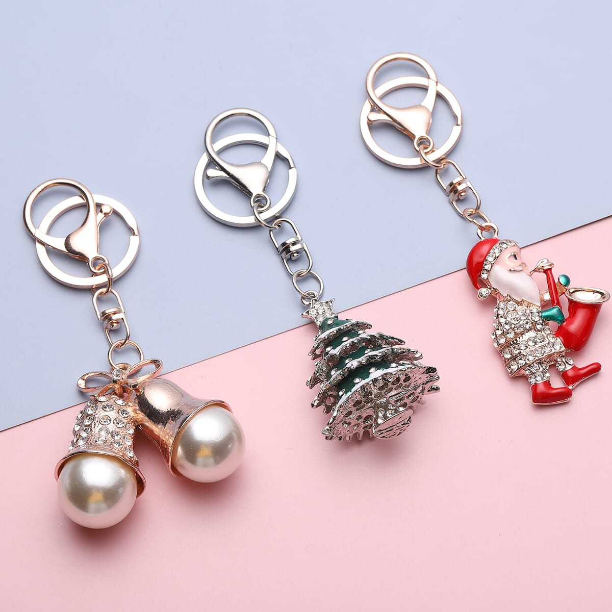 Value Buy Set of 3 Multi Color Austrian Crystal, Enameled Jingle Bell, Christmas Tree & Santa Claus Keychain in Dualtone image number 1