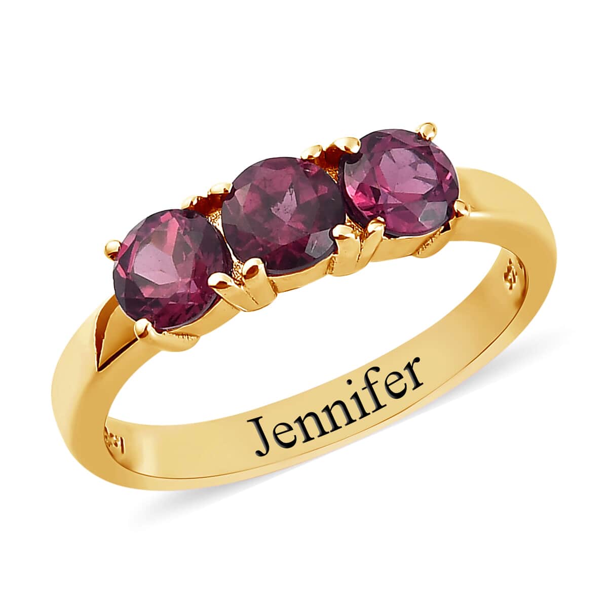 Personalized Orissa Rhodolite Garnet Trilogy Ring in 14K Yellow Gold Over Sterling Silver (Size 10.0) 1.90 ctw image number 0
