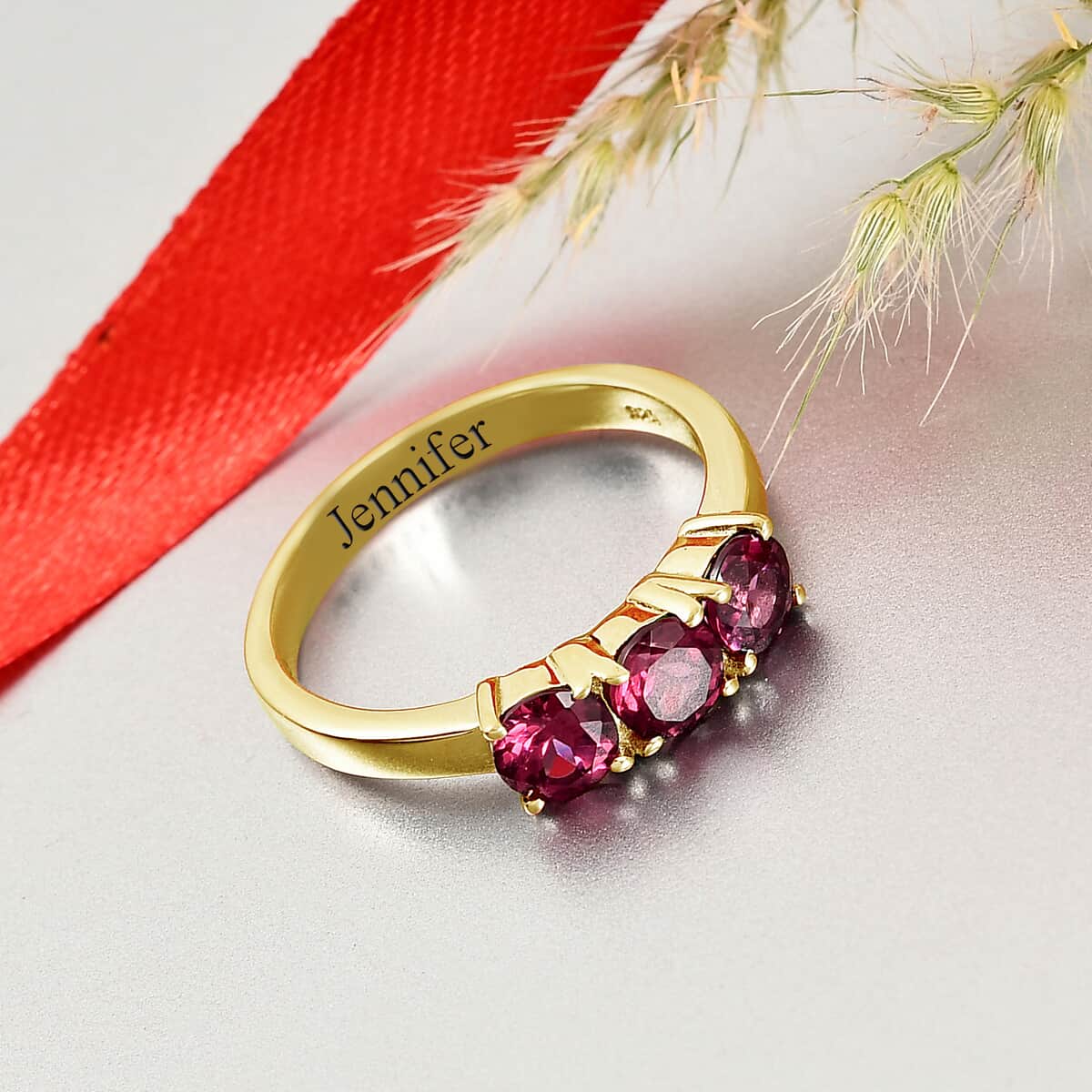 Personalized Orissa Rhodolite Garnet Trilogy Ring in 14K Yellow Gold Over Sterling Silver (Size 10.0) 1.90 ctw image number 1
