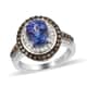 Tanzanite and Natural Champagne and White Diamond Double Halo Ring in Rhodium and Platinum Over Sterling Silver (Size 7.0) 2.25 ctw image number 0