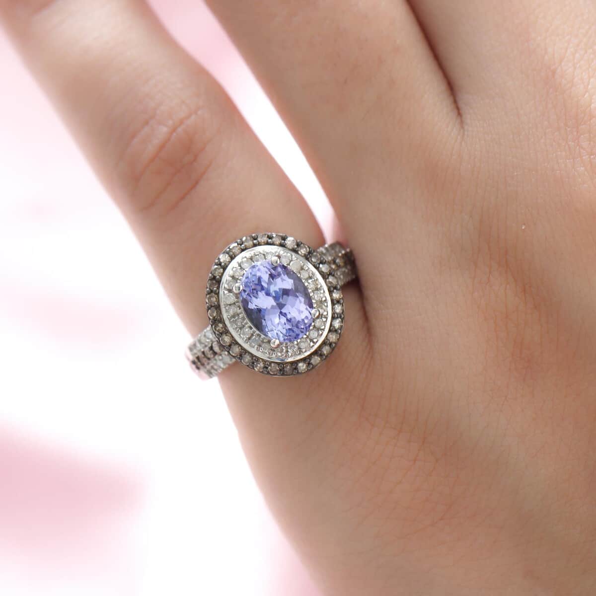 Tanzanite and Natural Champagne and White Diamond Double Halo Ring in Rhodium and Platinum Over Sterling Silver (Size 7.0) 2.25 ctw image number 1