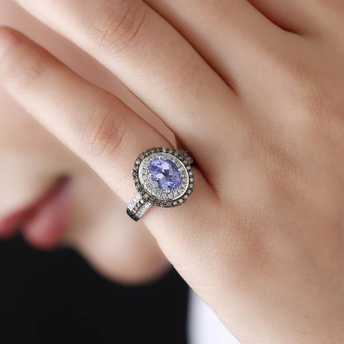 Tanzanite and Natural Champagne and White Diamond Double Halo Ring in Rhodium and Platinum Over Sterling Silver (Size 7.0) 2.25 ctw image number 2