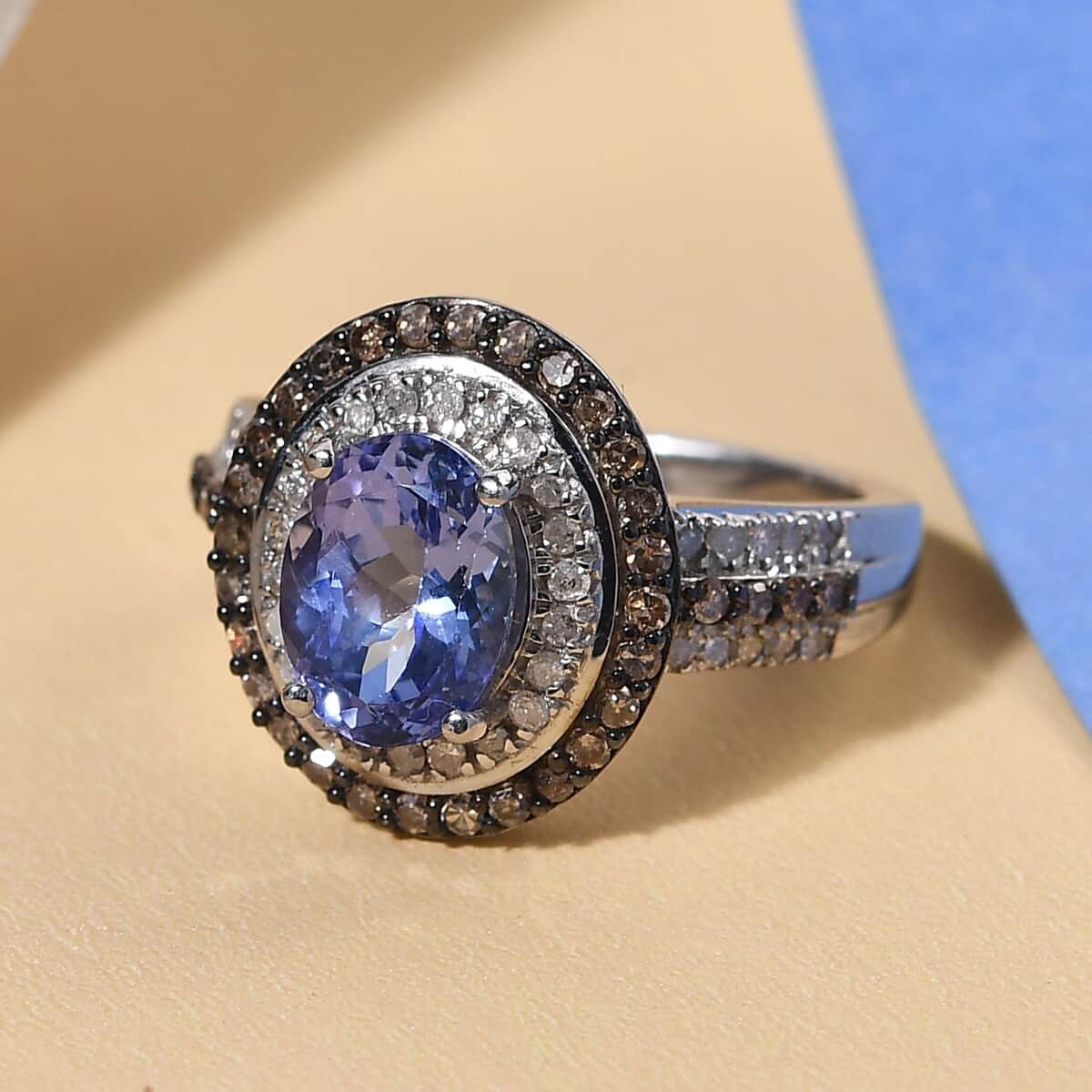 Tanzanite and Natural Champagne and White Diamond Double Halo Ring in Rhodium and Platinum Over Sterling Silver (Size 7.0) 2.25 ctw image number 3