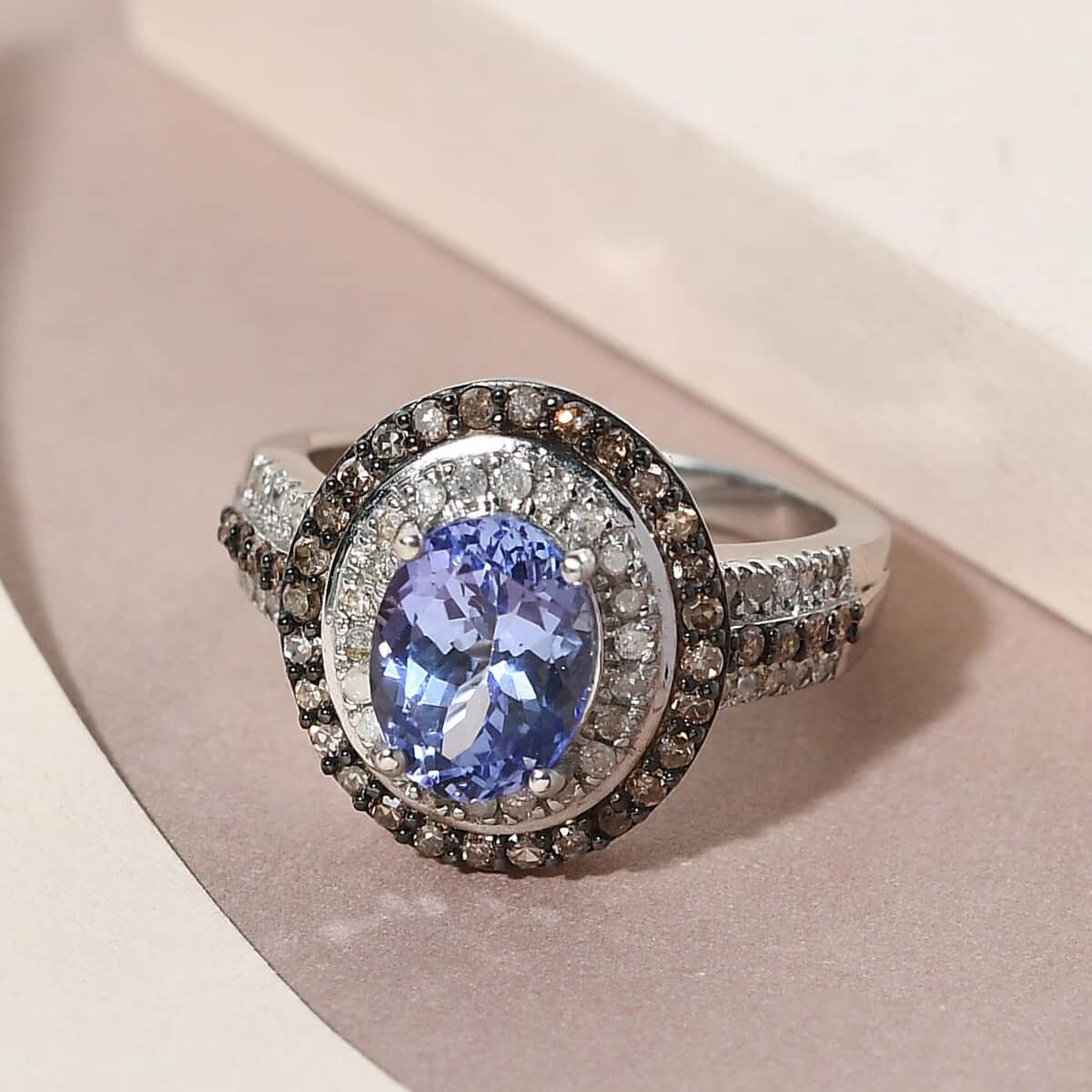 Tanzanite and Natural Champagne and White Diamond Double Halo Ring in Rhodium and Platinum Over Sterling Silver (Size 7.0) 2.25 ctw image number 4