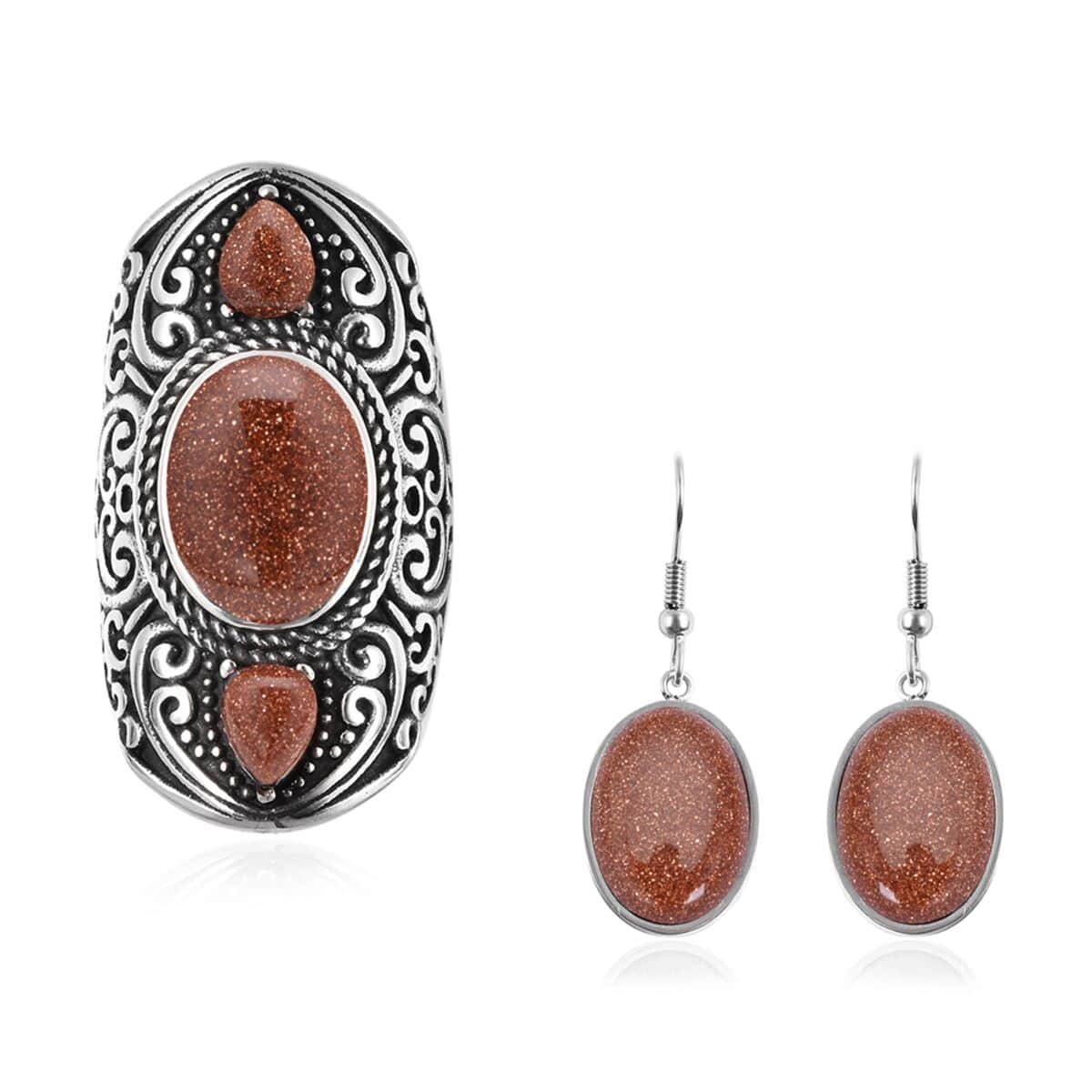 Goldstone Earrings and Ring (Size 6) in Stainless Steel 75.00 ctw image number 0