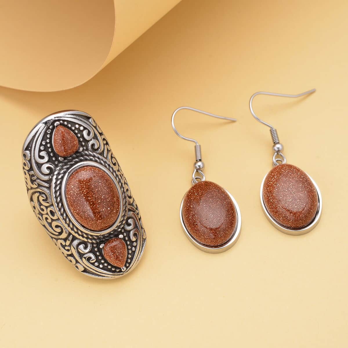 Goldstone Earrings and Ring (Size 6) in Stainless Steel 75.00 ctw image number 1