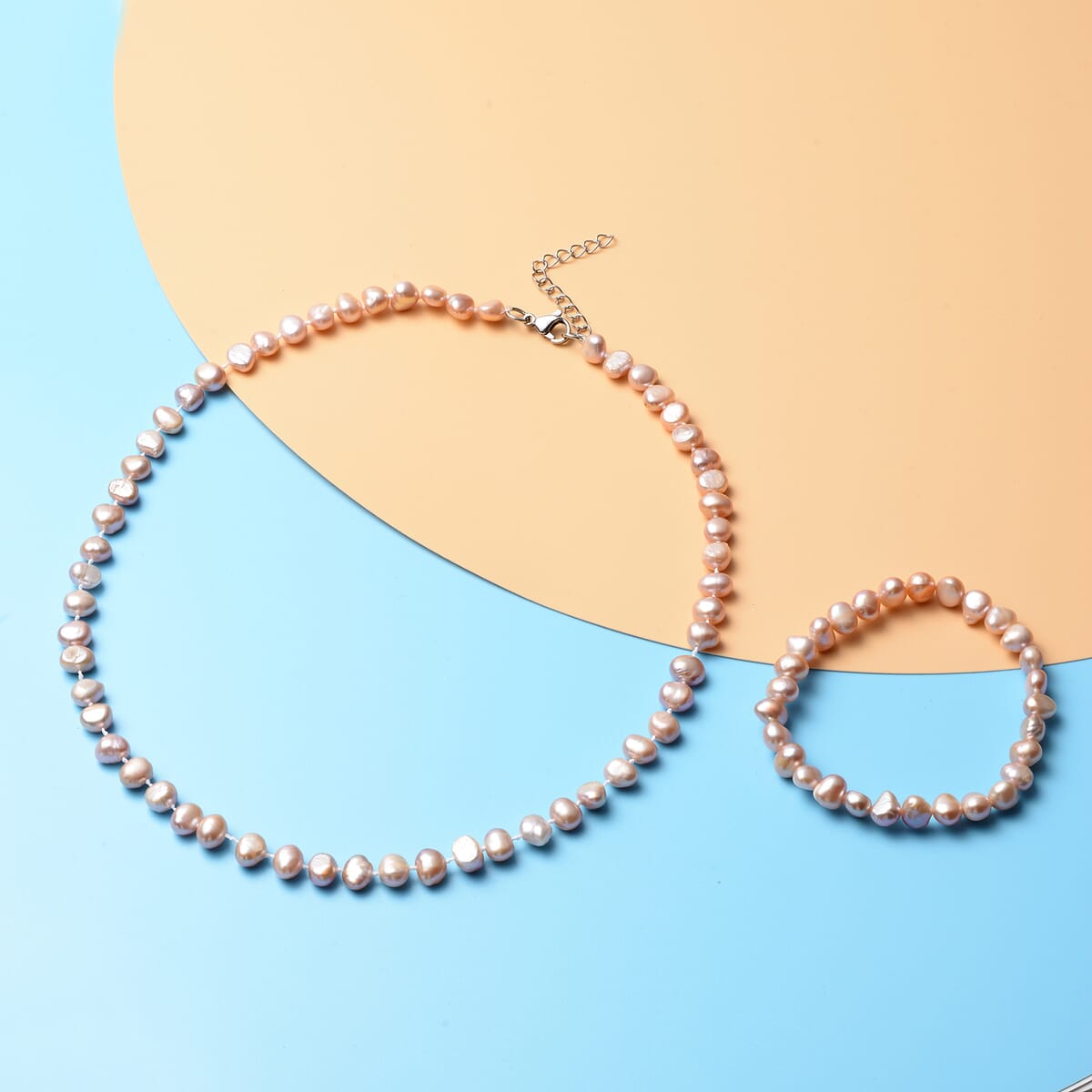 Purple Freshwater Pearl Stretch Bracelet and Necklace 18-20 Inches in Stainless Steel image number 1