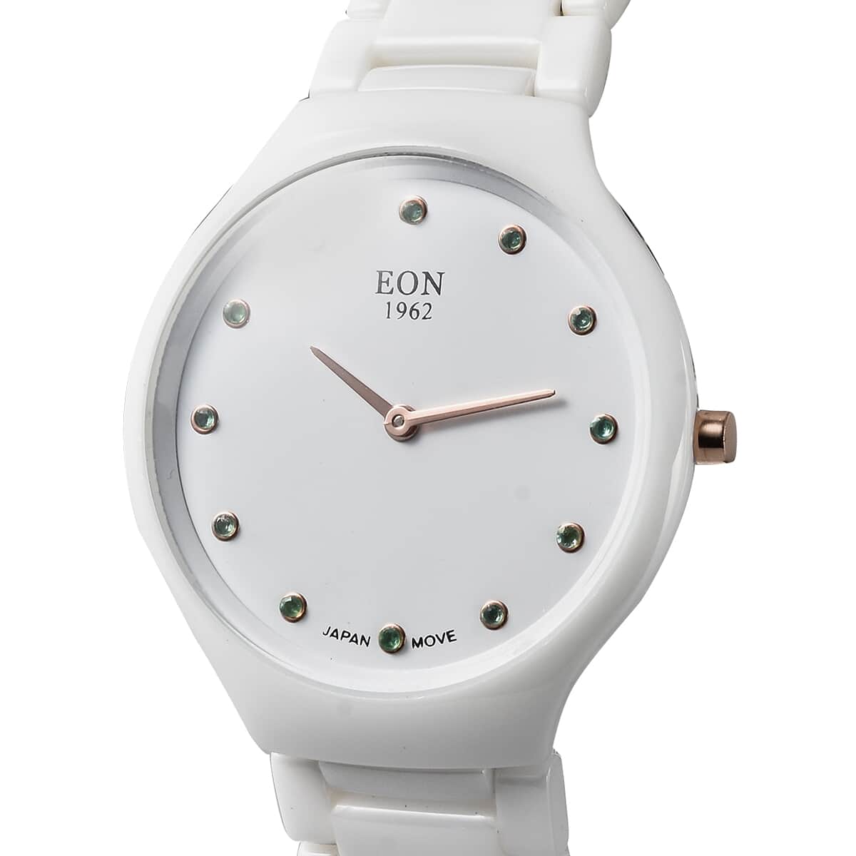 EON 1962 Emerald Japanese Movement Watch with White Ceramic Strap 0.15 ctw image number 3