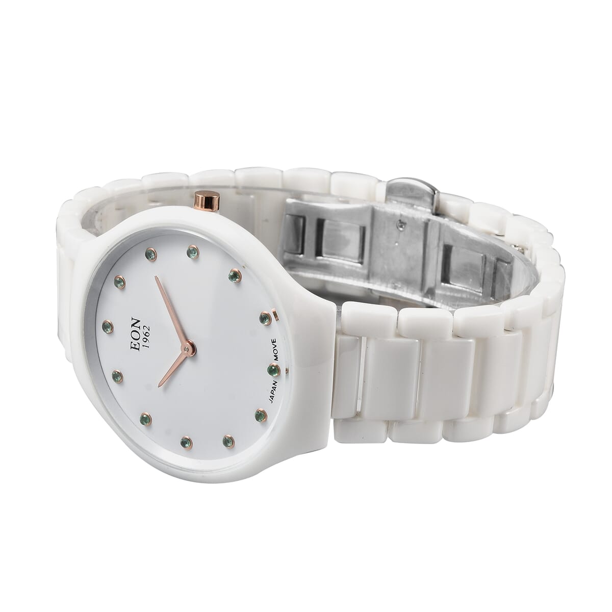 EON 1962 Emerald Japanese Movement Watch with White Ceramic Strap 0.15 ctw image number 4