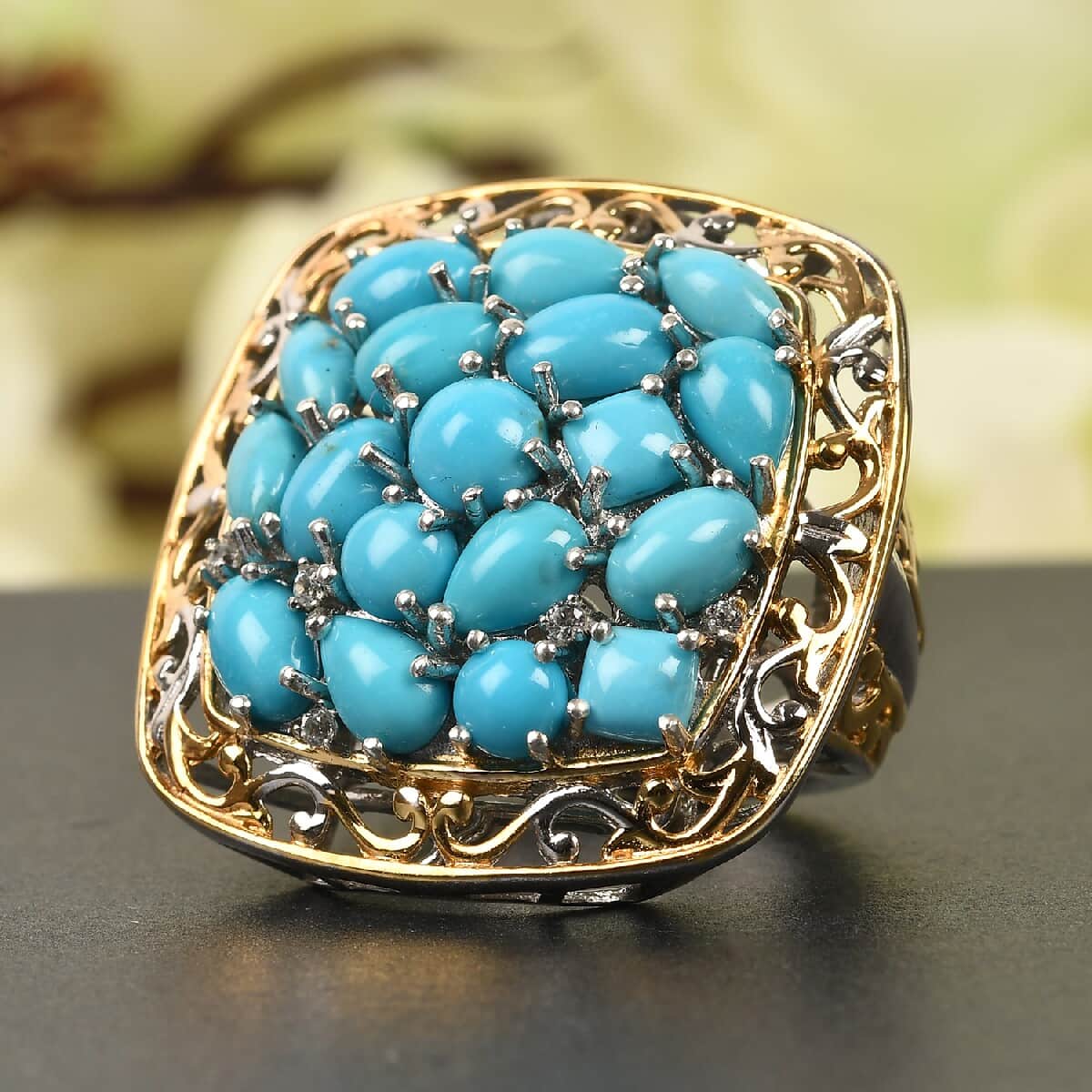 American Natural Sleeping Beauty Turquoise and Zircon Cluster Ring in Vermeil YG & Platinum Over Sterling Silver (Size 7.0) 6.85 ctw image number 1