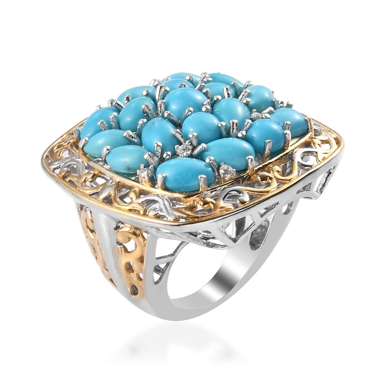 American Natural Sleeping Beauty Turquoise and Zircon Cluster Ring in Vermeil YG & Platinum Over Sterling Silver (Size 7.0) 6.85 ctw image number 3