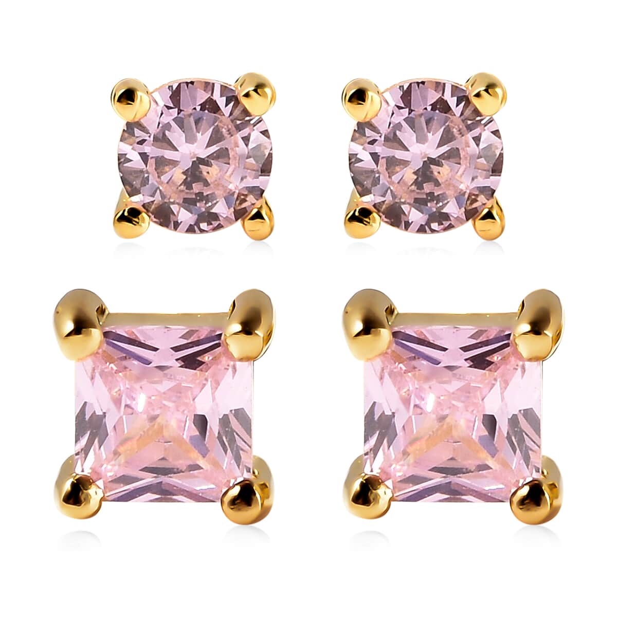Simulated Pink Diamond Set of 2 Round & Square Solitaire Stud Earrings in 14K Yellow Gold Over Sterling Silver image number 0
