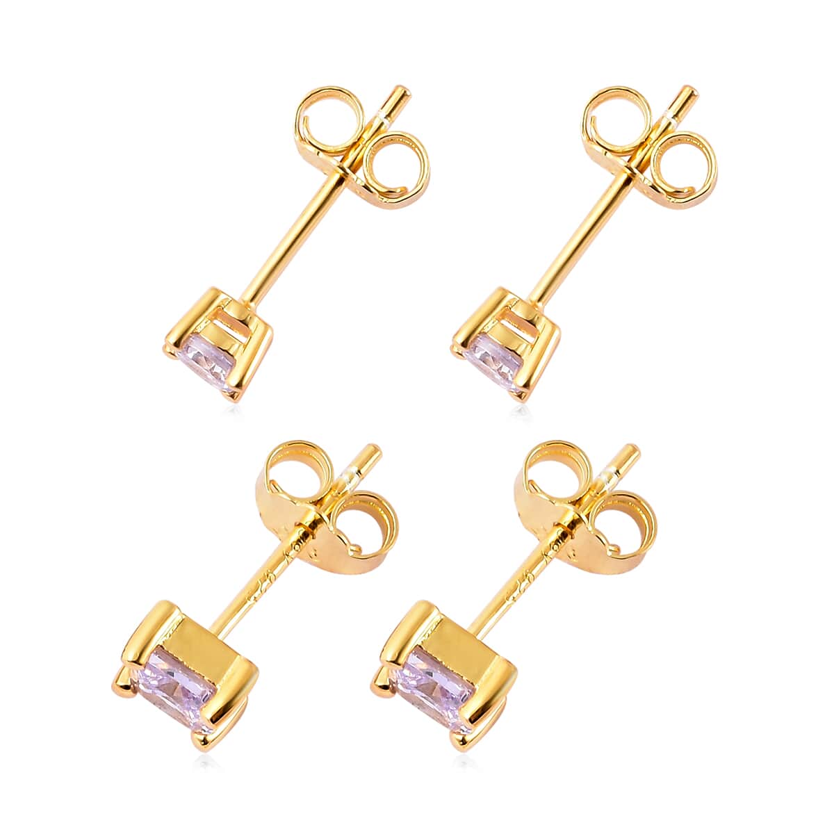 Simulated Lavender Diamond Set of 2 Round & Square Solitaire Stud Earrings in 14K Yellow Gold Over Sterling Silver image number 2