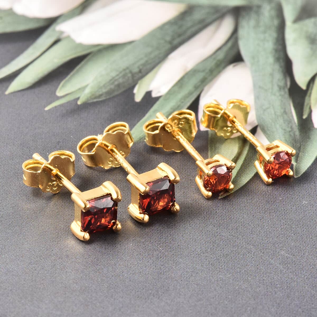 Simulated Garnet Diamond Set of 2 Round & Square Solitaire Stud Earrings in 14K Yellow Gold Over Sterling Silver image number 1