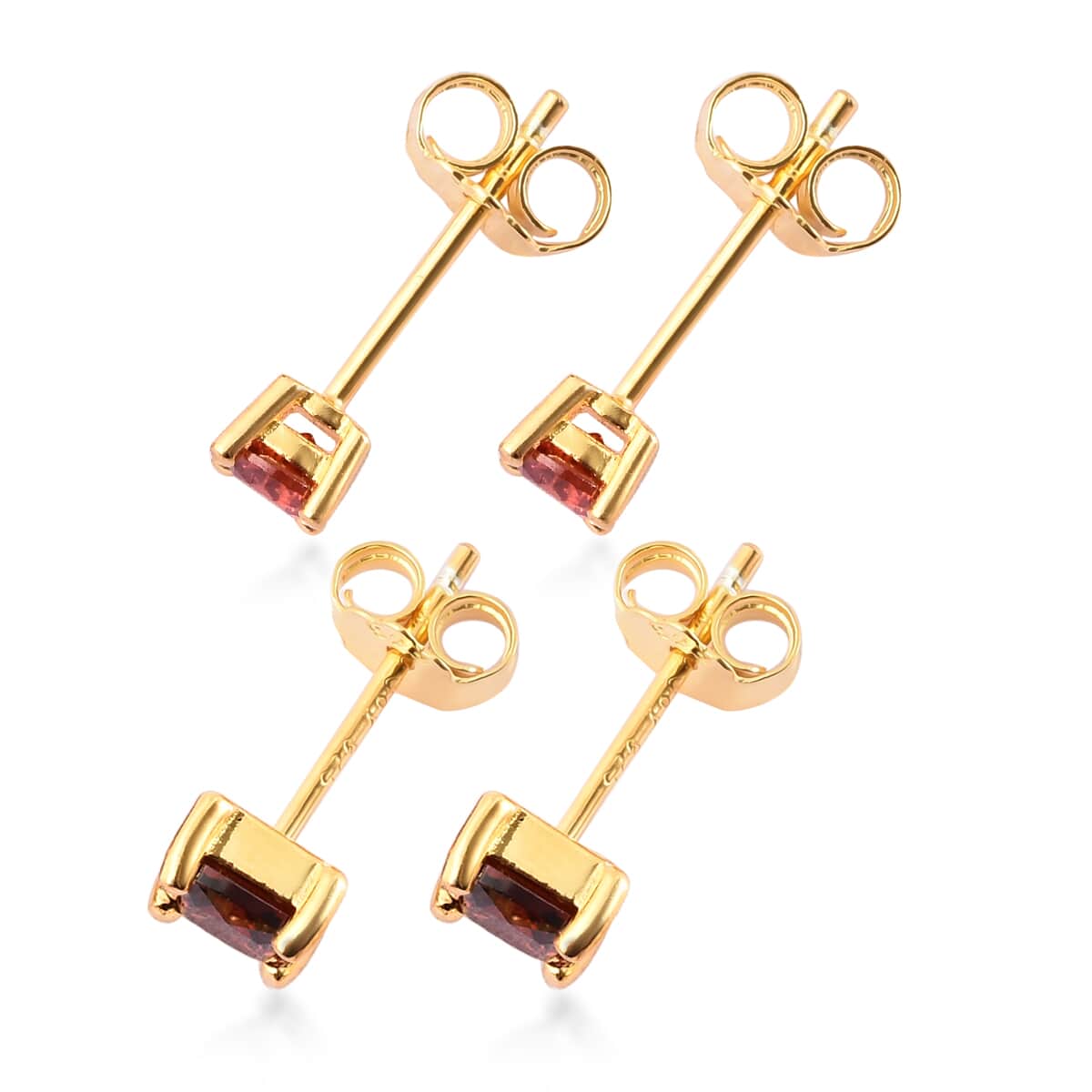 Simulated Garnet Diamond Set of 2 Round & Square Solitaire Stud Earrings in 14K Yellow Gold Over Sterling Silver image number 2