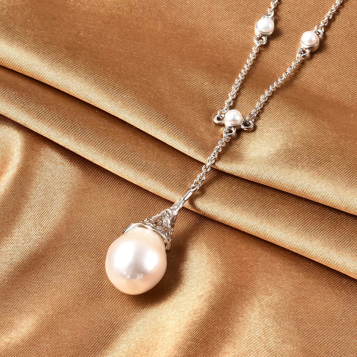 LucyQ Drip Collection White Freshwater Pearl and Edison Pearl Necklace 20 Inches in Rhodium Over Sterling Silver image number 1