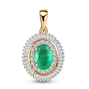 Luxoro 10K Yellow Gold AAA Kagem Zambian Emerald, Diamond (0.33 cts) Double Halo Pendant 1.10 ctw