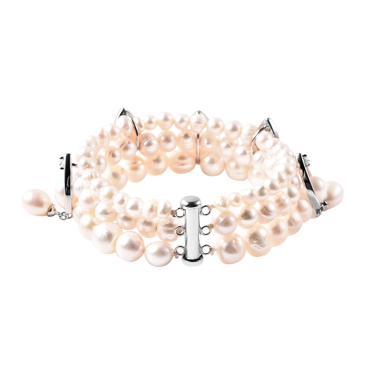 LucyQ Freshwater White Cultured Pearl and White Zircon Bracelet in Rhodium Over Sterling Silver (7.50 In) 0.50 ctw image number 3