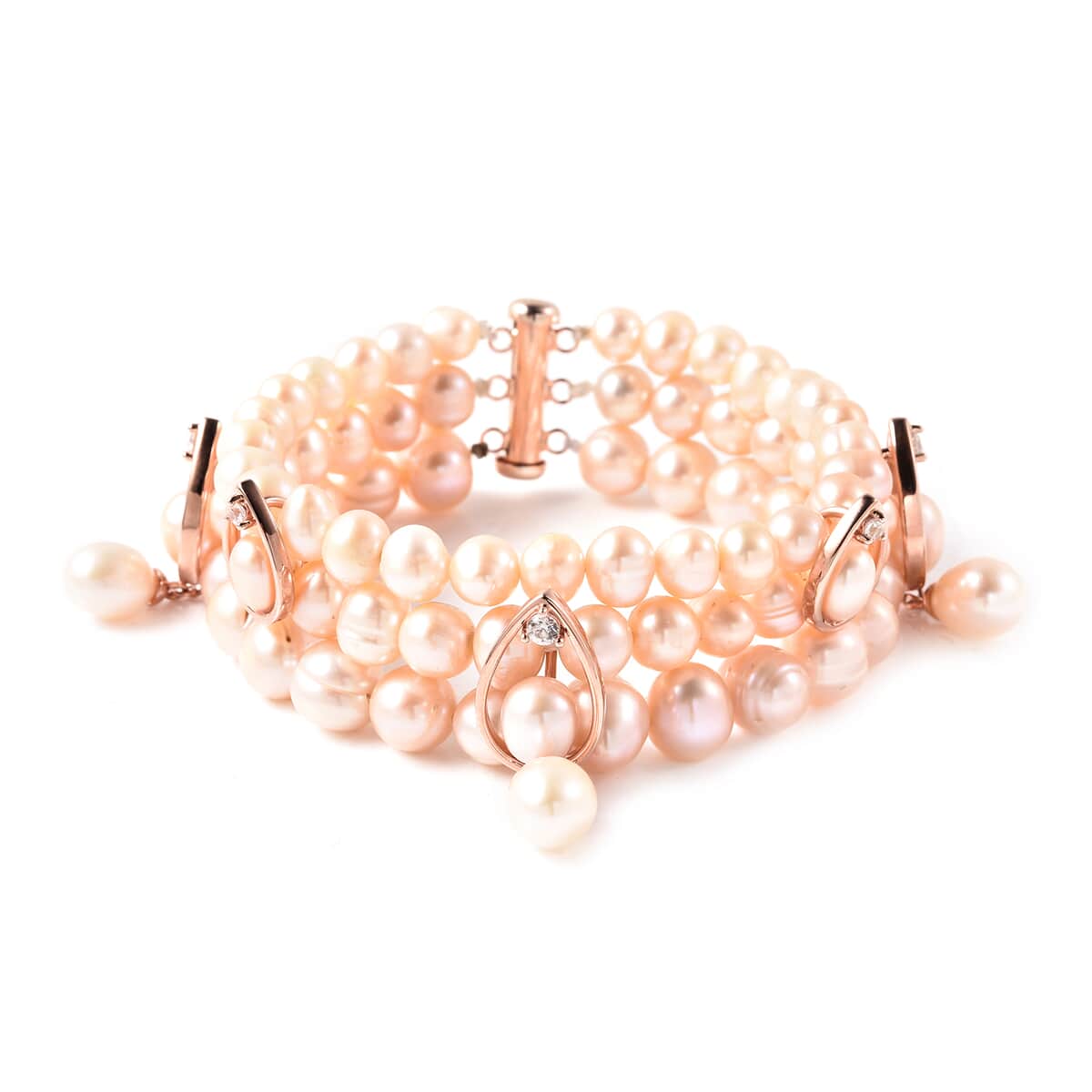 LucyQ Freshwater Peach Cultured Pearl and White Zircon Bracelet in 14K Rose Gold Over Sterling Silver (7.50 In) 0.50 ctw image number 0