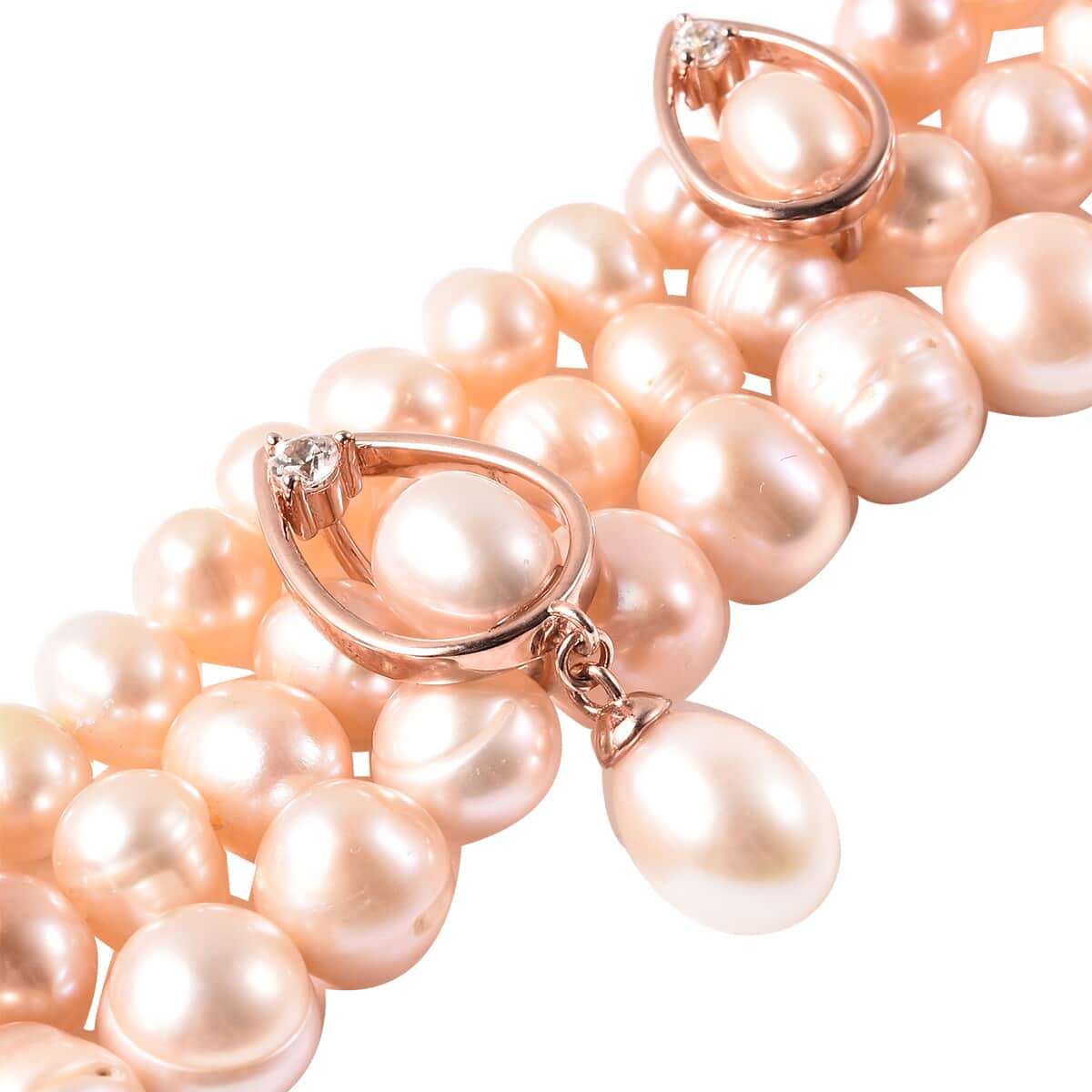 LucyQ Freshwater Peach Cultured Pearl and White Zircon Bracelet in 14K Rose Gold Over Sterling Silver (7.50 In) 0.50 ctw image number 4