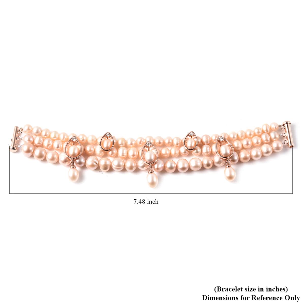 LucyQ Freshwater Peach Cultured Pearl and White Zircon Bracelet in 14K Rose Gold Over Sterling Silver (7.50 In) 0.50 ctw image number 5