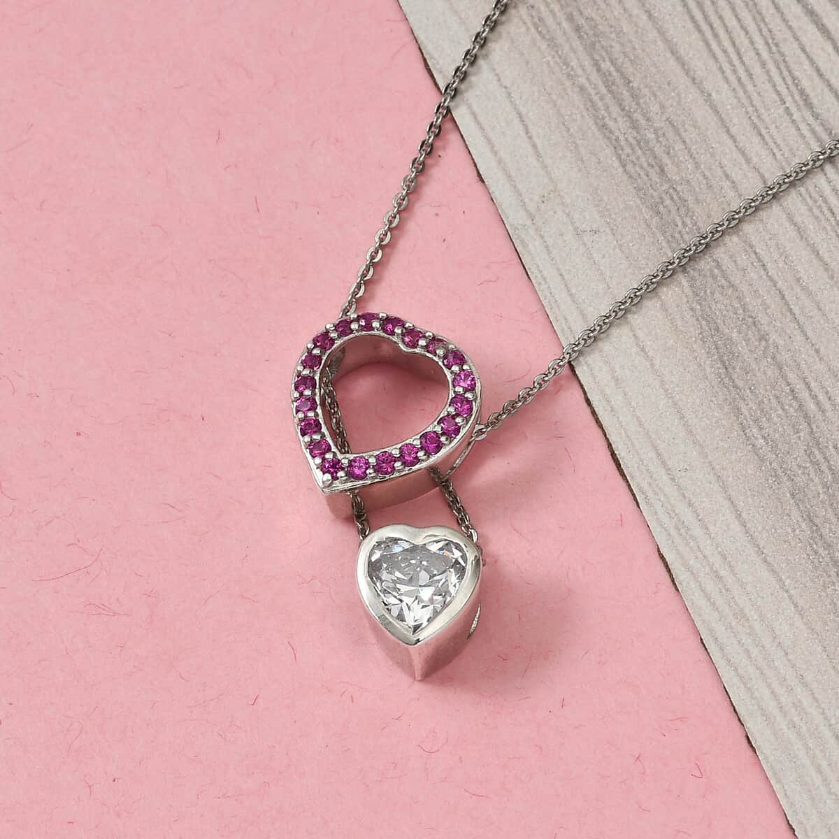 LUSTRO STELLA Made with Finest CZ and Lab Created Ruby Heart Pendant Necklace 20 Inches in Platinum Over Sterling Silver 3.20 ctw image number 1