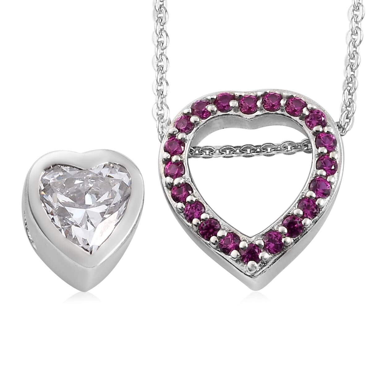 LUSTRO STELLA Made with Finest CZ and Lab Created Ruby Heart Pendant Necklace 20 Inches in Platinum Over Sterling Silver 3.20 ctw image number 3