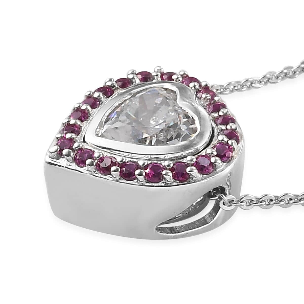 LUSTRO STELLA Made with Finest CZ and Lab Created Ruby Heart Pendant Necklace 20 Inches in Platinum Over Sterling Silver 3.20 ctw image number 4