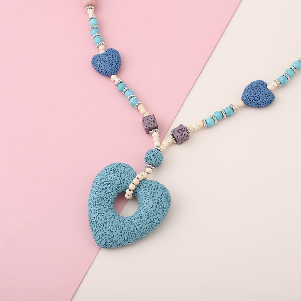 Multi Color Lava, Freshened White and Blue Howlite Beaded Necklace with Heart Charm 28 Inches in Silvertone 230.00 ctw image number 1