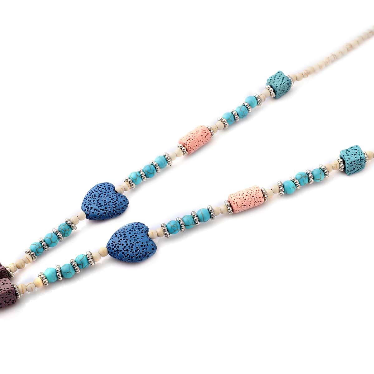 Multi Color Lava, Freshened White and Blue Howlite Beaded Necklace with Heart Charm 28 Inches in Silvertone 230.00 ctw image number 3