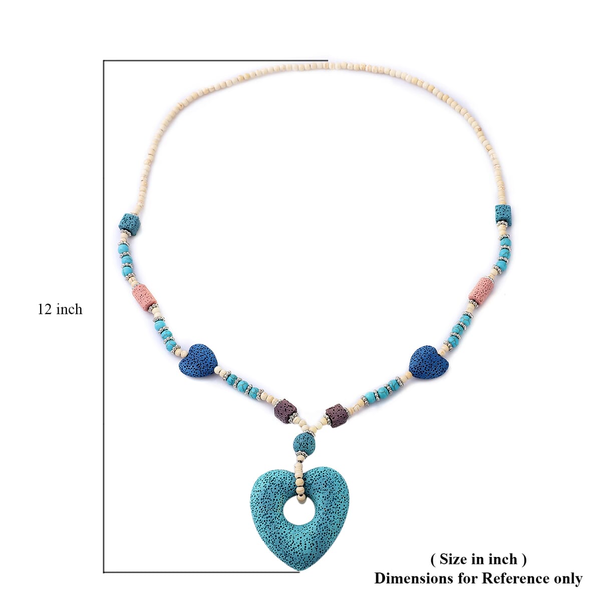 Multi Color Lava, Freshened White and Blue Howlite Beaded Necklace with Heart Charm 28 Inches in Silvertone 230.00 ctw image number 4