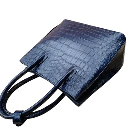 Crocodile Embossed Leather Tote in Deep Blue