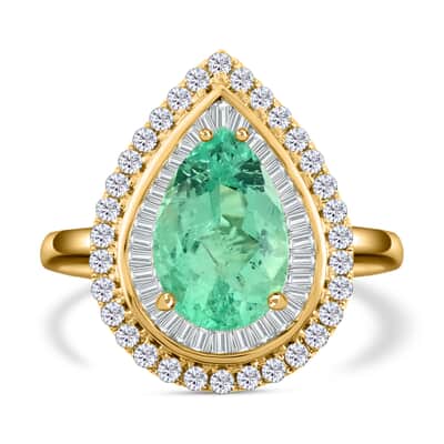 Iliana 18K Yellow Gold AAA Boyaca Colombian Emerald and G-H SI Diamond Halo Ring 6.20 Grams 3.60 ctw