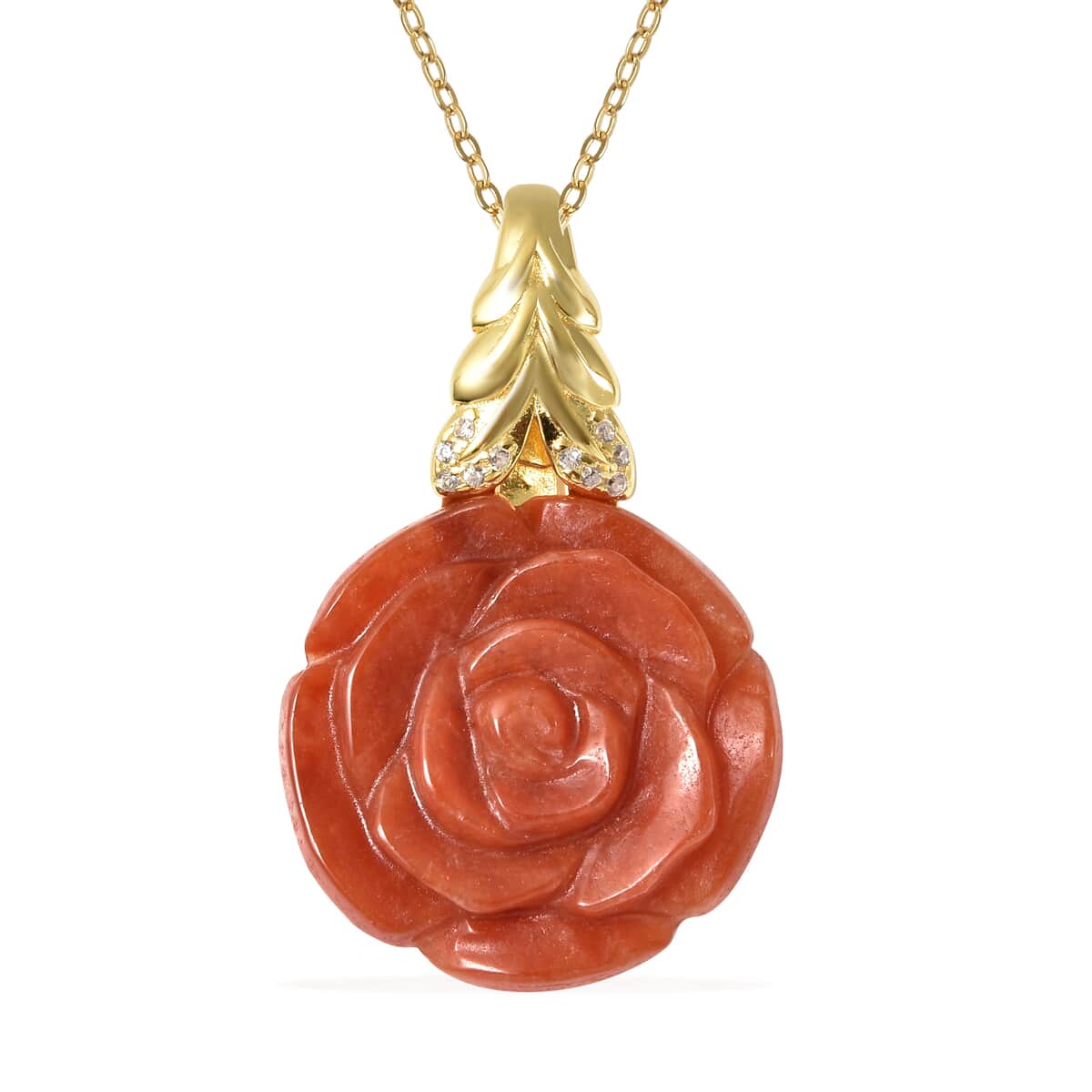 Red Jade Carved and Natural White Zircon Rose Flower Pendant Necklace 18 Inches in Vermeil Yellow Gold Over Sterling Silver 17.35 ctw image number 0