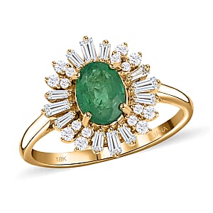 Iliana 18K Yellow Gold AAAA Kagem Zambian Emerald, Diamond (G-H, SI) (0.55 cts) Sunburst Ring (Size 7.0) (4.50 g) 1.75 ctw