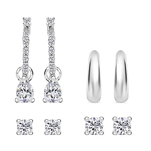 Ear Party, Set of 4 Simulated Diamond Earring Pairs, 1 Huggie Hoop Earrings with Tear Drop Interchangeable Charms, 1 Plain Ear Cuffs, and 2 Stud Earrings in Rhodium Over Sterling Silver 2.85 ctw