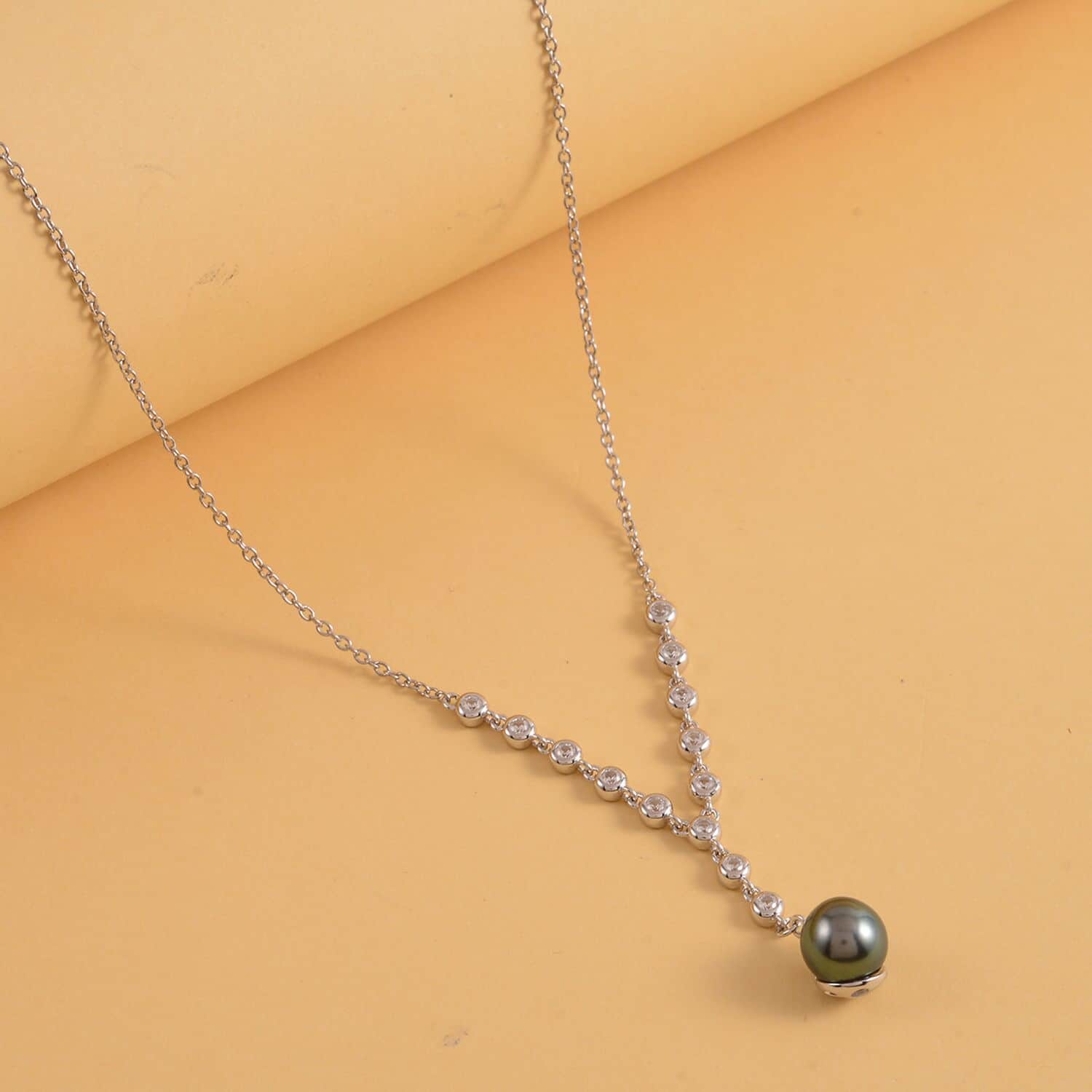 Tahitian Cultured Pearl Lariat Necklace with Diamond in Silver