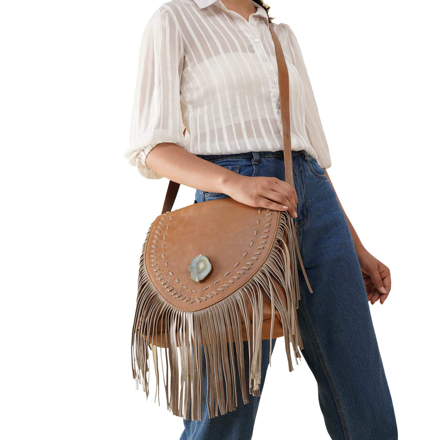 Tan Genuine Leather Fringes Crossbody Bag with Agate Stone