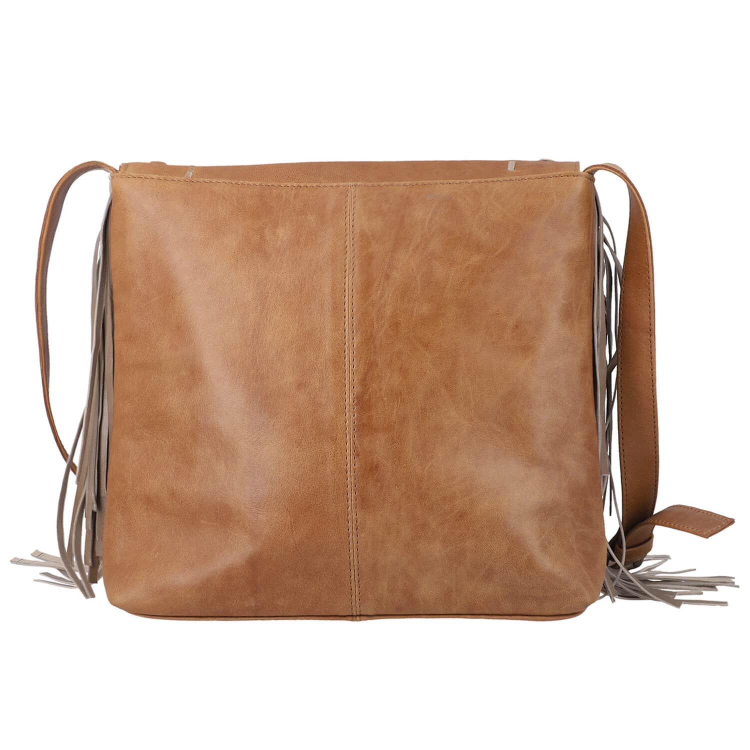 Buy Tan Genuine Leather Fringes Crossbody Bag with Agate Stone at