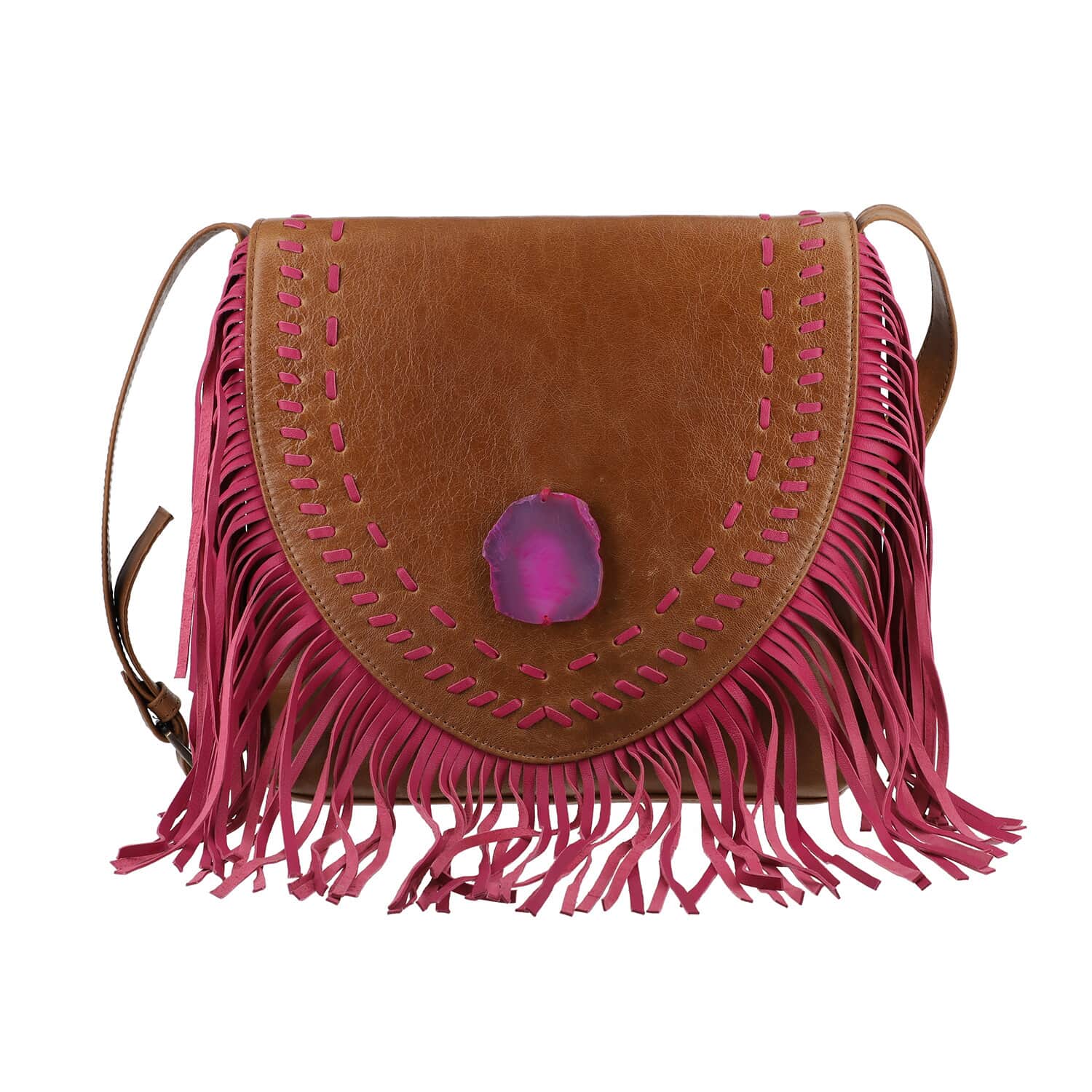 Pink Genuine Leather Fringes Crossbody Bag with Agate Stone