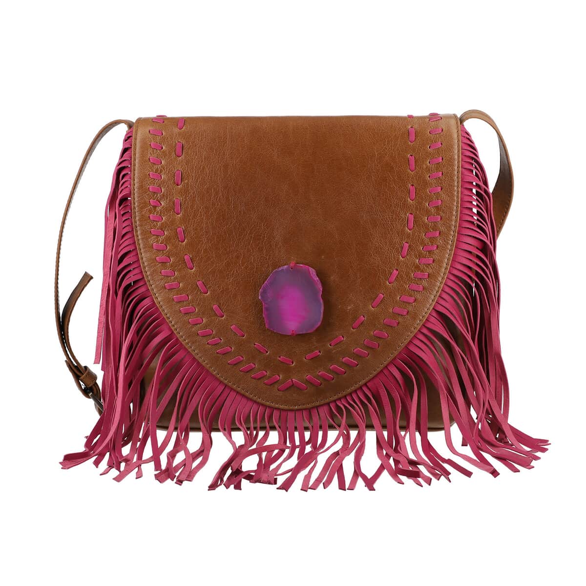 Buy Pink Genuine Leather Fringes Crossbody Bag with Agate Stone at ShopLC.
