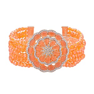 Orange Magic Glass, Austrian Crystal Beaded Multi Strand Bracelet with Simulated Orange Cat's Eye Brooch in Goldtone (7.5-9.50In) 6.00 ctw
