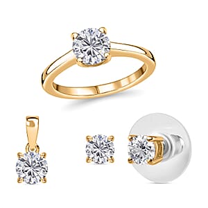 Heart and Arrows Cut Moissanite (Rnd 6mm) Solitaire Ring (SIZE 7.00) Stud Earrings and Pendant in Vermeil YG Over Sterling Silver 2.35 ctw