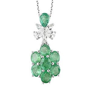 AAA Kagem Emerald, White Zircon Pendant Necklace (18 Inches) in Rhodium Over Sterling Silver 3.50 ctw