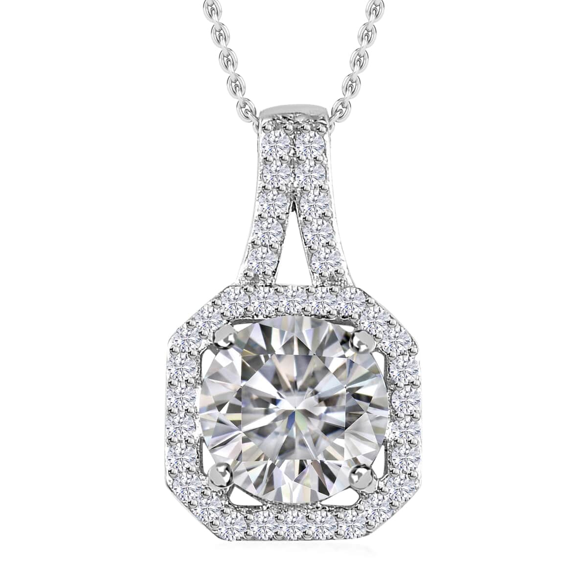 Buy Moissanite Halo Pendant Necklace 20 Inches in Platinum Over ...