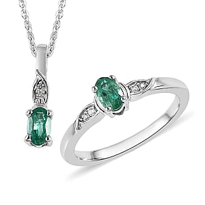 AAA Kagem Zambian Emerald, White Zircon Ring (Size 10.0) and Pendant Necklace (20 Inches) in Platinum Over Sterling Silver 0.50 ctw