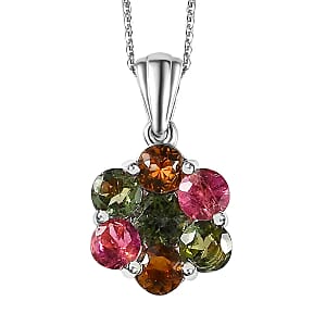 Multi-Tourmaline Floral Pendant Necklace (20 Inches) in Platinum Over Sterling Silver 2.65 ctw
