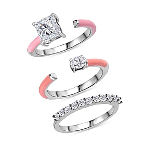 Set of 3 Moissanite, Enameled Stackable Pink Enameled Ring in Platinum Over Sterling Silver (Size 8.0) 1.70 ctw